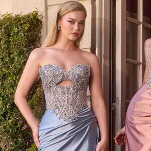 New Strapless Prom Soft Satin Dusty Blue Dress w/ Draped Sweep Train & CD KV1135
